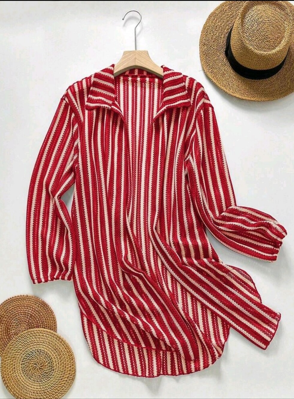Red and White Striped Lightweight Buttonless Cardigan Shirt Oversized Sz L-xl